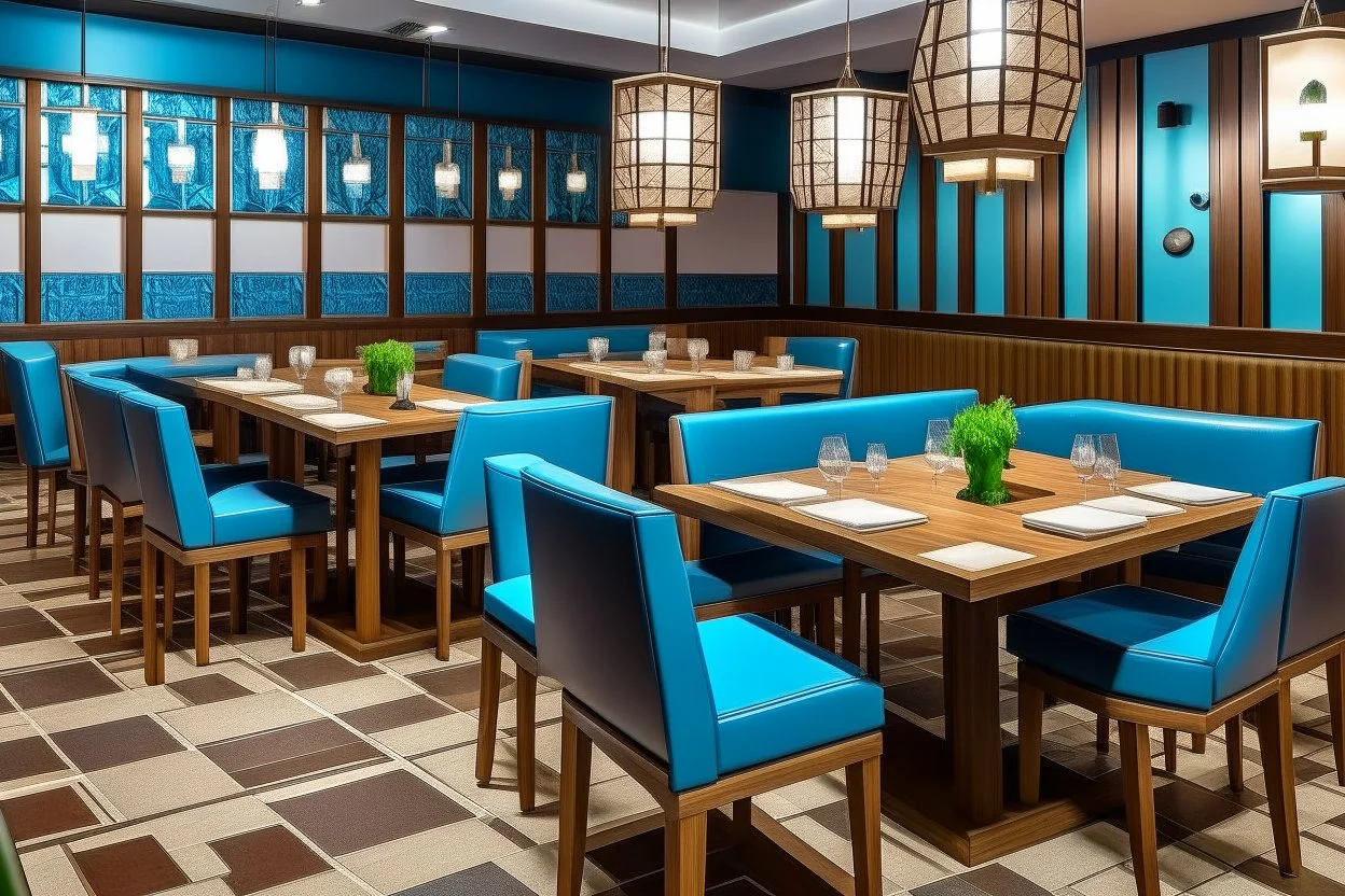 Dining tables in a restaurant. The table is square in shape and there are four chairs on it. There are 10 tables in the restaurant, and the walls, floor and furniture are blue and brown.