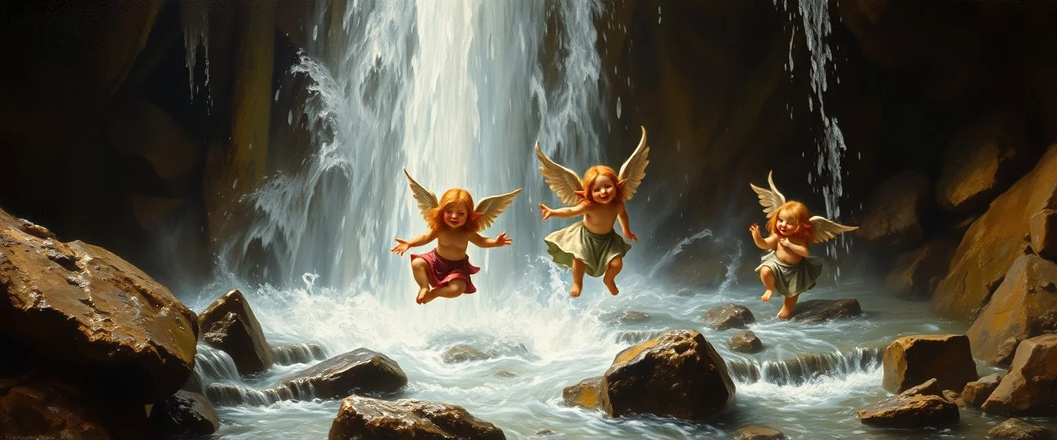 master oil painting by Rembrandt,cute trolls angels dancing inside waterfall, we barely see them inside the cascades