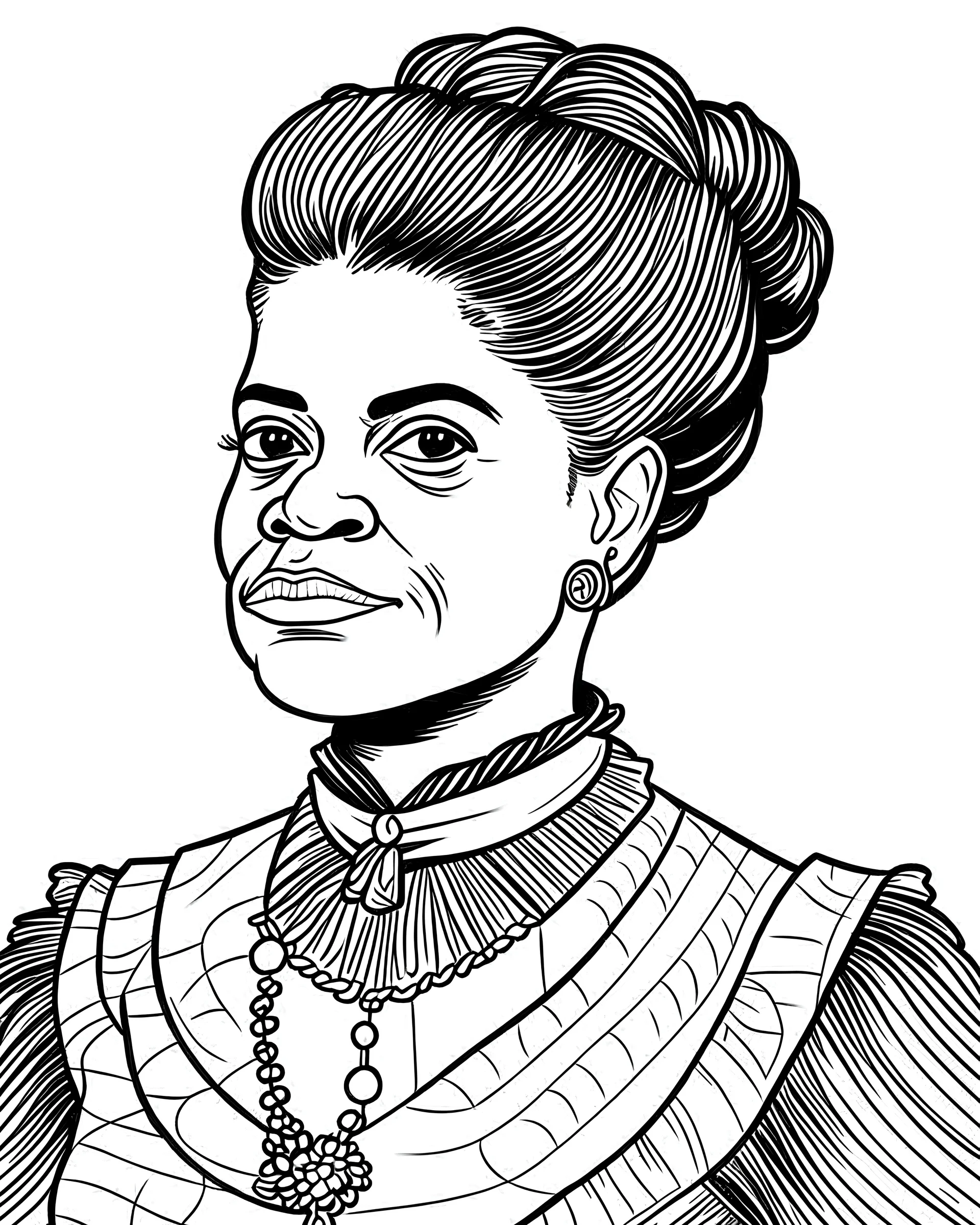 Ida B wells, b&w line art style fashion, preppy style, simple line art, one line, line art, line drawing style, white background, picture, coloring book style on white background, well composed, clean coloring book page, No dither, no gradient, strong outline, No fill, No solids, vector illustration, –ar 9:11 –v 5