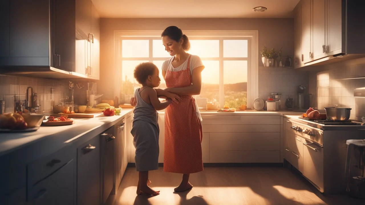 Hyper Realistic Photographic-view of a Housewife-Single-Mother cooking & baby-sitting-her-child with multitasking inside a kitchen at golden-hour-sunset-lighting showing dramatic & cinematic ambiance.