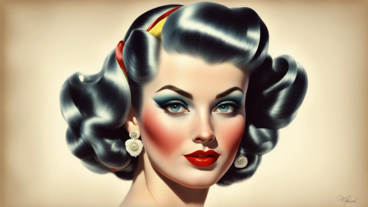 pin-up, bright makeup, 1945 babette hairstyle, clear lines, fine rendering, 3D