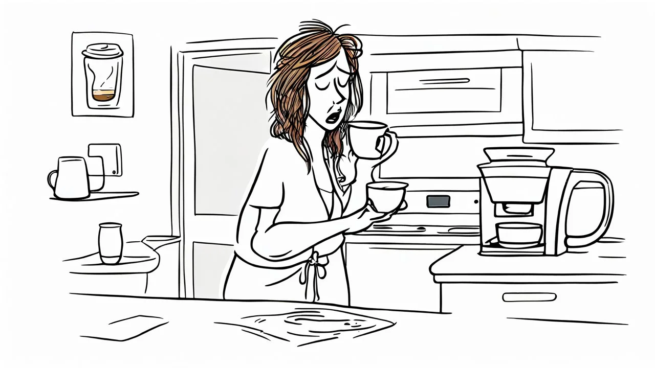 cartoon style, a tangled-haired, sleepy, cranky, nervous woman is standing with an hourglass mug in her hand, the mug says "coffee", she shows the camera the display of her mobile phone, which shows 8:00, behind her the brewed coffee is flowing down from the coffee maker onto the kitchen counter, a coffee mug a half sock on the counter, 2025 calendar, pen, glasses, laptop, the hand of the wall clock is at 9 o'clock, the micro digital clock shows 8:10, little morning light, sleepy, gray, moody, f