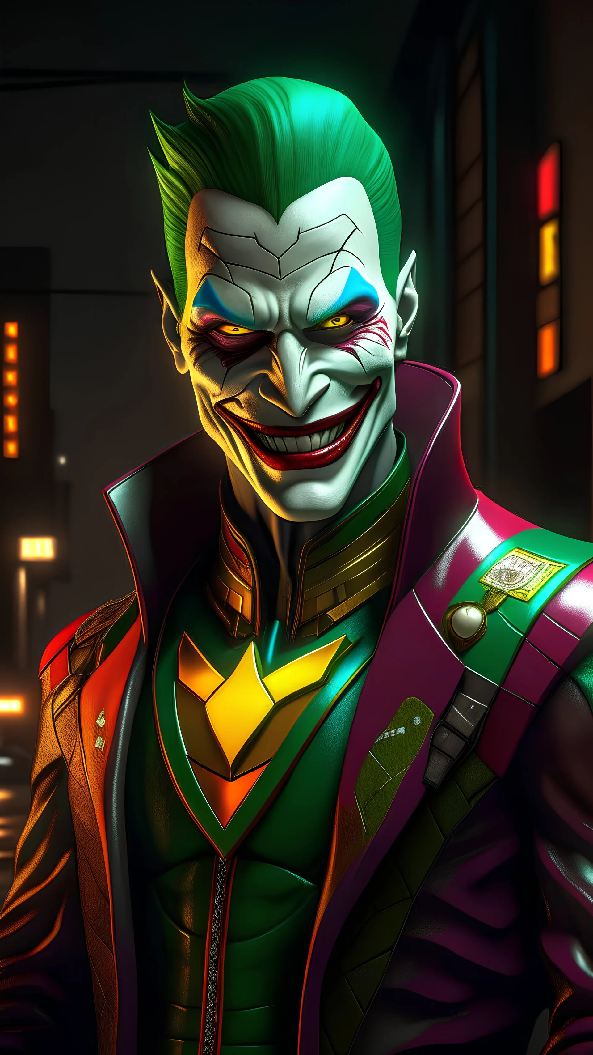 Joker wearing Superman suit, smile, (top-quality、8K、32K、masterpiece、)、(The ultra -The high-definition)、(Photorealsitic:1.4)、Raw photography,Perfect eyes,Charming perfect figure,actionpose:1.2,Detailed cyberpunk fashion、World of Cyberpunk,depth of fields,blurry backround,、