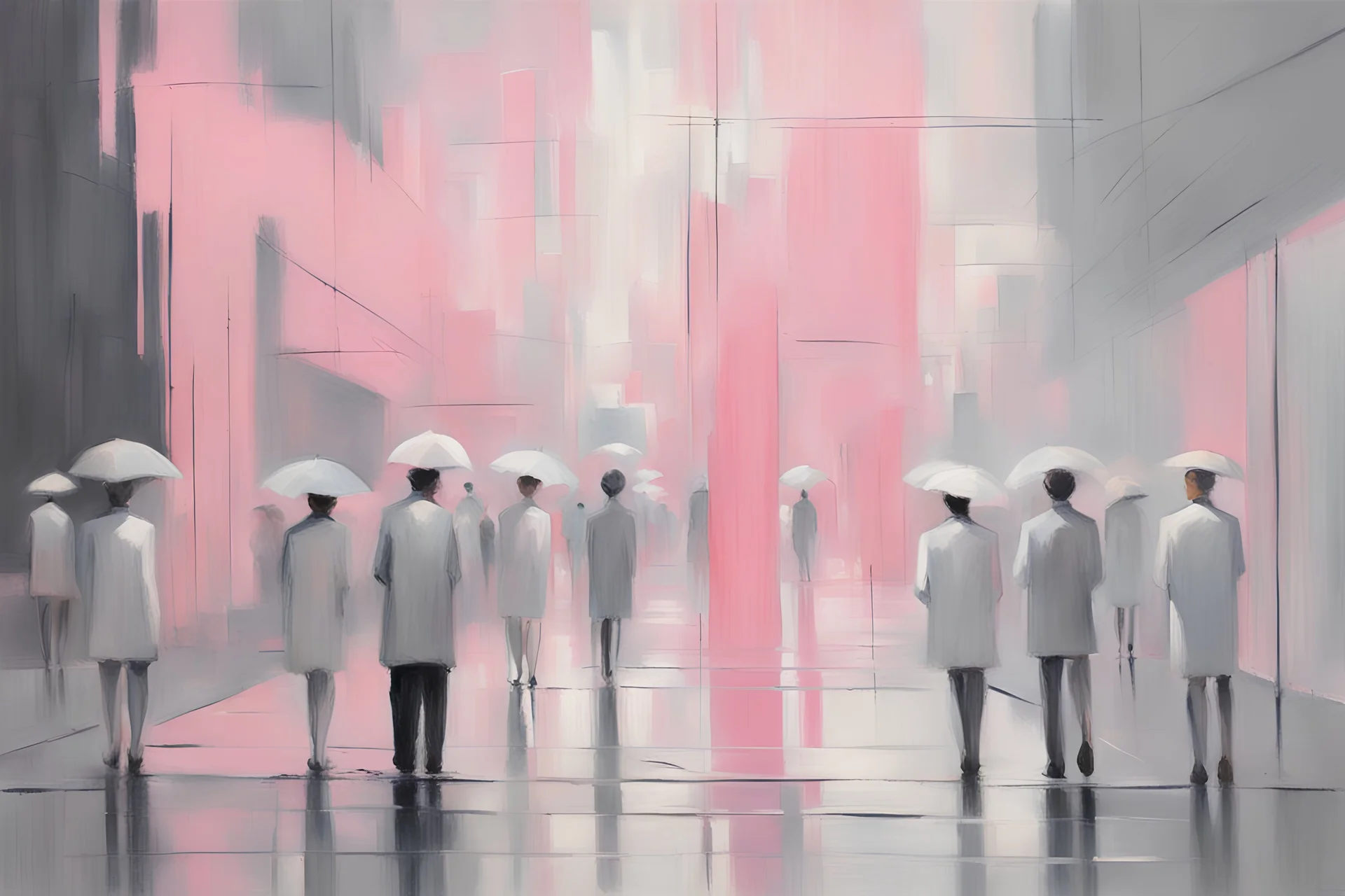 White, pink, and grey Abstract painting with people, sci-fi, in auguste oleffe impressionism painting
