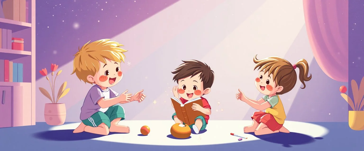illustration of preschool children playing. fantastic lighting, cute amine children's book proportions