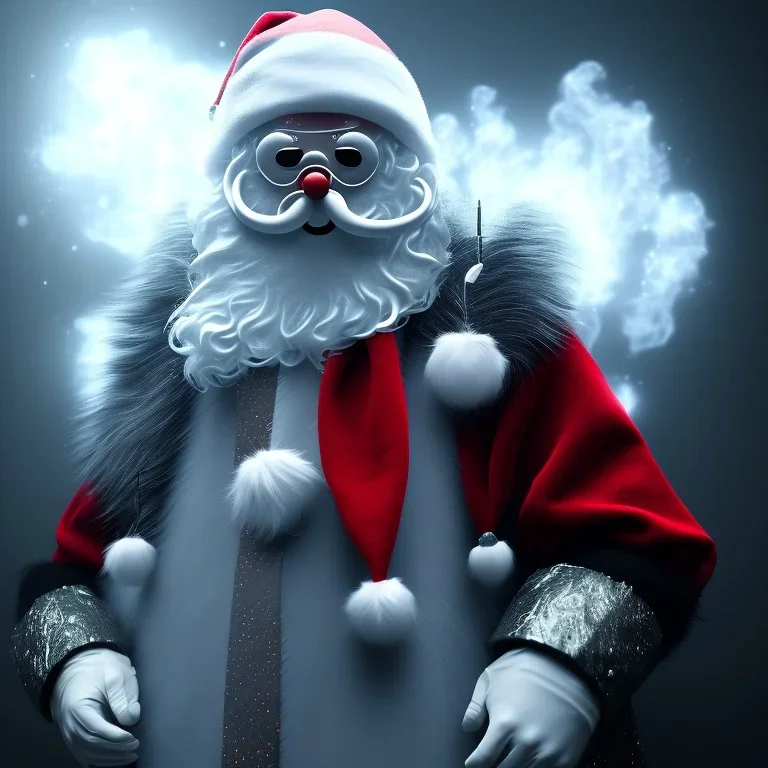 All Black Santa, ghost, wearing high tech mask, white smoke, dark, rage, high definition, ultra 8 k, volumetric lighting, blue fire, fog red rain