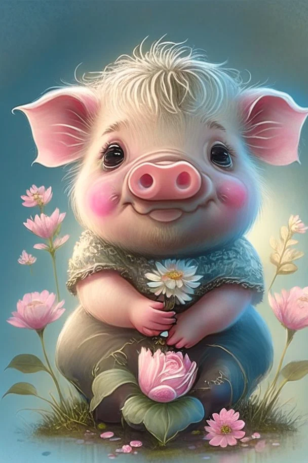 dorable cute happy baby scottish highland pig with dreamy eyes, sitting down and holding a flower, nursery art, very rendered polished Perfect, smooth edges, flawless Facial Features, Stunning, Whimsical Fantasy, Cute, Highly Detailed, Well Rendered, cartoon, illustration