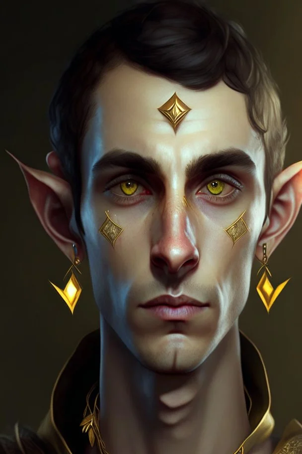 a wealthy half elf young man with pointy ears and gold sclera eyes with no pupils, wears lots of jewelry