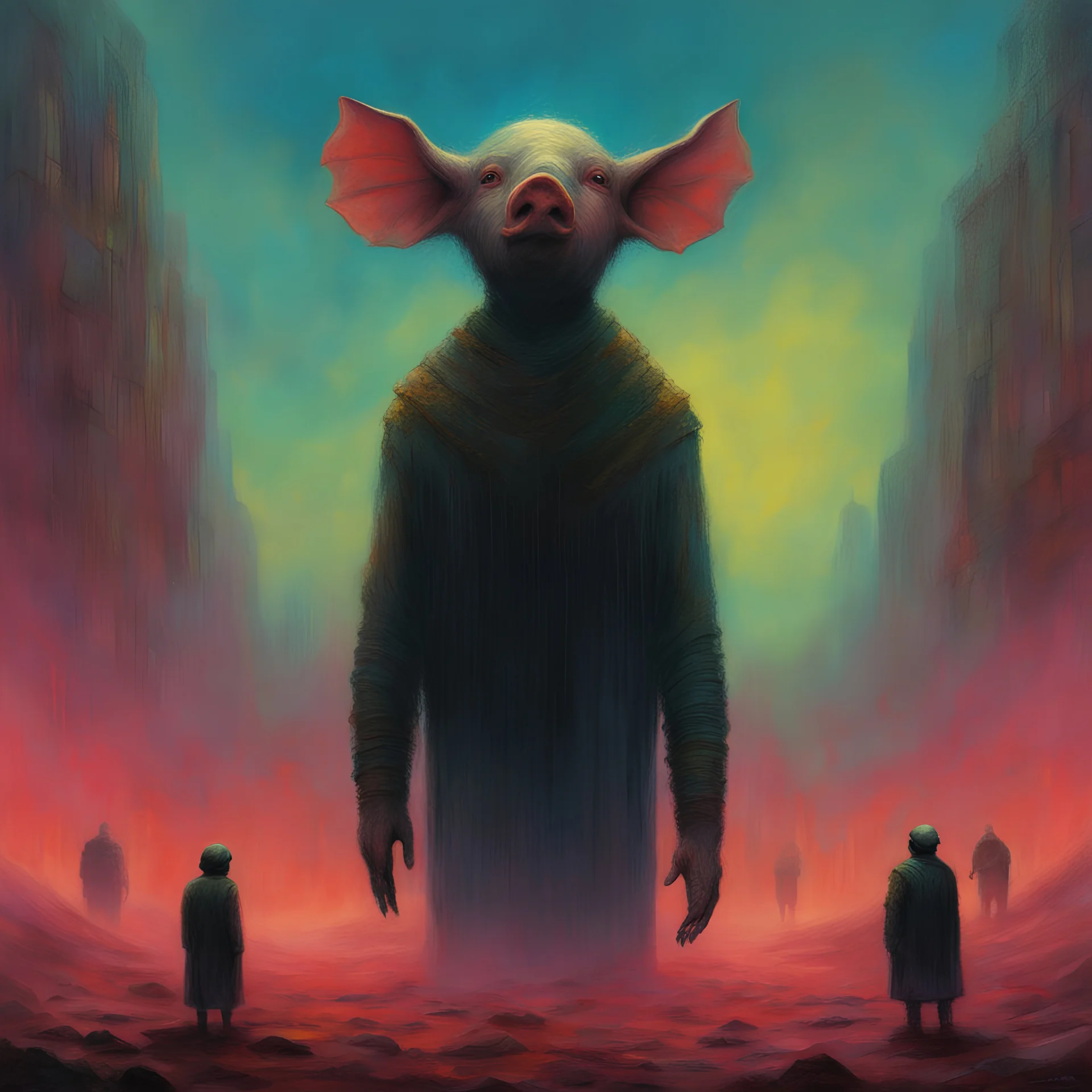 Beksiński style colourful gaming movies cinema a pigman being praised