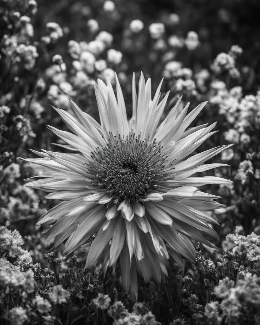 Atomic explosion made of flowers, ULTRA REALISTIC, B&W Photograph, cinematic, cinematic shot, dynamic composition, details, intricate detail, professional lighting, film lighting, 35mm, anamorphic, lightroom, cinematography, bokeh, lens flare, film grain, hdr10, 8k, Roger Deakins, incredibly detailed, reflect, sharpen