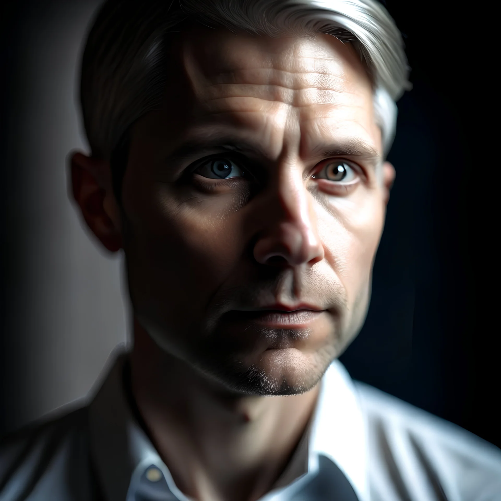man, early thirties, white short hair, cyracao blue eyes, wearing dress shirt, close up portrait, head facing a little to the sde, strong features, beautiful face, little five o clock shadow