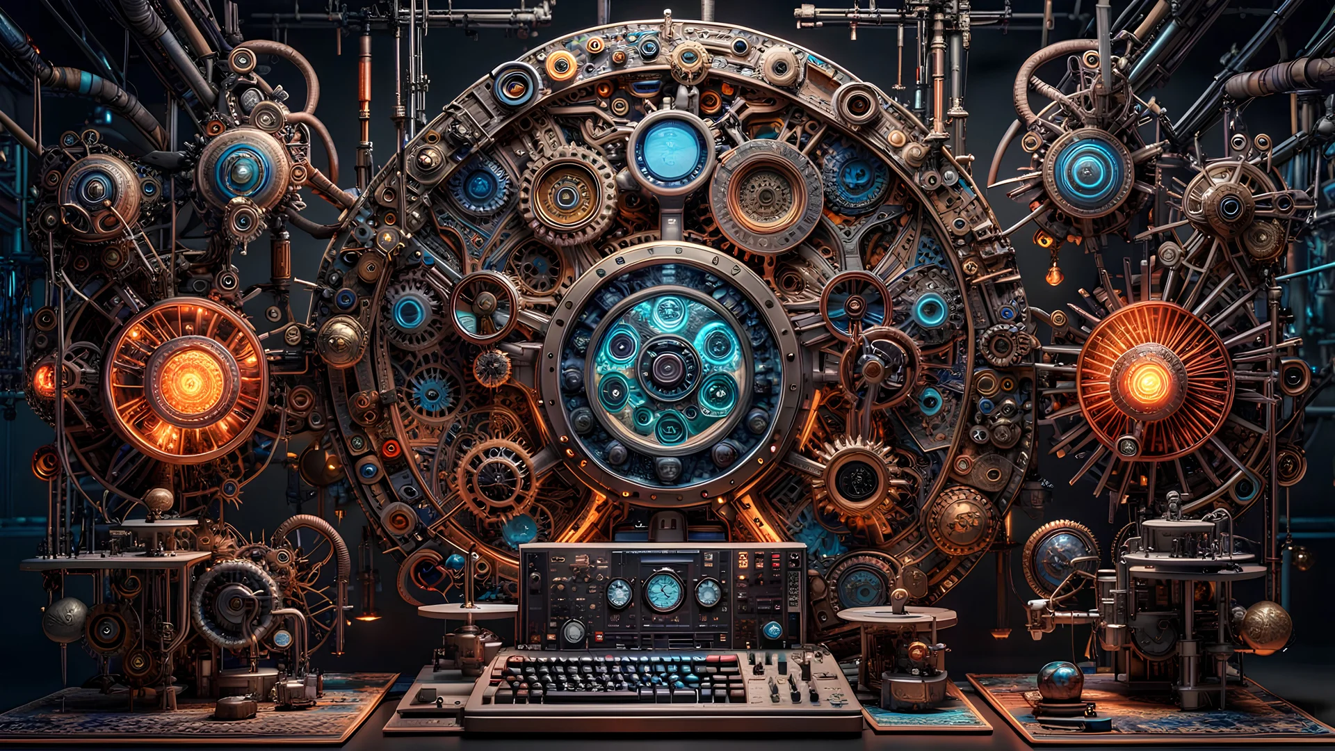 3D rendering of expressively detailed and intricate of a hyperrealistic computing laboratory experiment: symmetric, front view, colorful paint, tribalism, steampunk, shamanism, cosmic fractals, dystopian, octane render, volumetric lighting, 8k post-production, detailed metallic objects, dendritic, artstation: award-winning: professional portrait: atmospheric: commanding: fantastical: clarity: 16k: ultra quality: striking: brilliance: stunning colors: amazing, beautiful, stunning composition