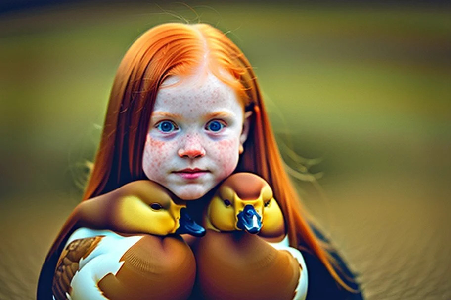 Beautiful golden red hair girl holding duck portrait in ochre, moody, somber, desaturated colors