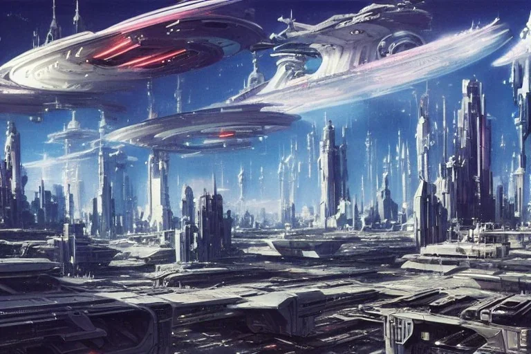 A Spaceship is taking off from a buzzing Space port on a heavy industrialized planet with a futuristic city in the background, retrofuturistic, art by John Berkey, buildings with glass facades, brutalist architecture, insanely detailed, vibrant, 8k uhd, cinematic atmosphere, ultra-wide angle, street level view, brush strokes, blue sky with clouds, dramatic sunset, sharp focus