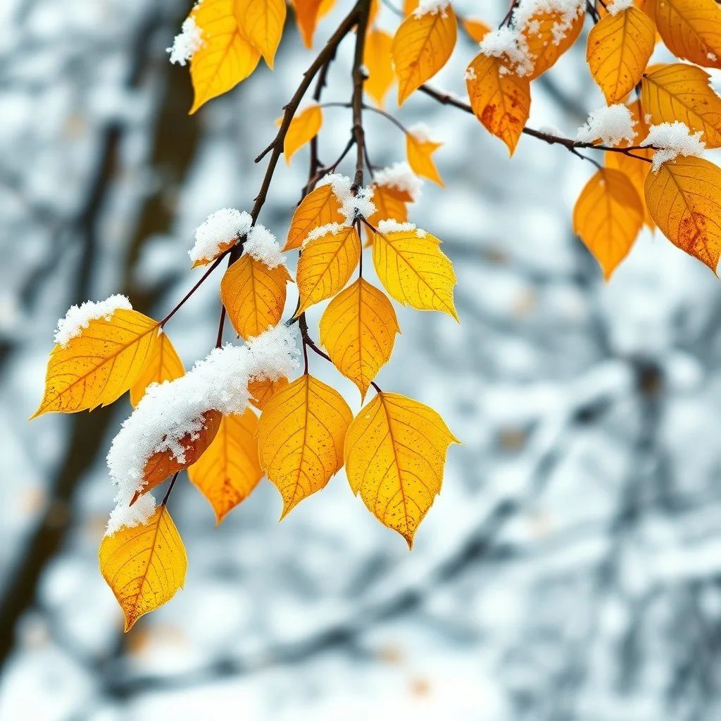 Masterful, highly detailed, full-screen linocut of an extremely focused close-up view of a hanging branch of a birch tree with leaves in autumn shades of yellow, ochre and washed-out green. An early November snow clings to the leaves and branches in wet tufts, creating a soft, white contrast against the colorful foliage. The bokeh background features a blurred view of more snow-covered branches, enhancing the wintry atmosphere. Illustration and linocut using a technique of extremely fine, tiny c