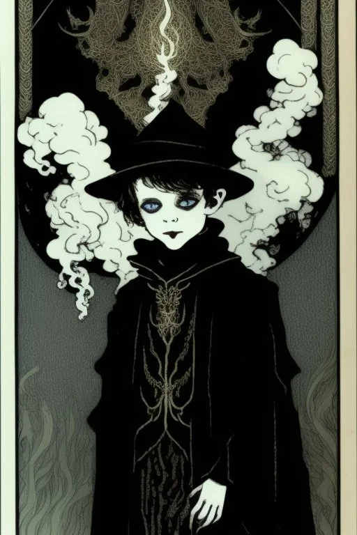 7 year old boy, necromancer, friendly, looks dead, surrounded by weird smoke with eyes, wearing black robes, in the style of Harry Clarke