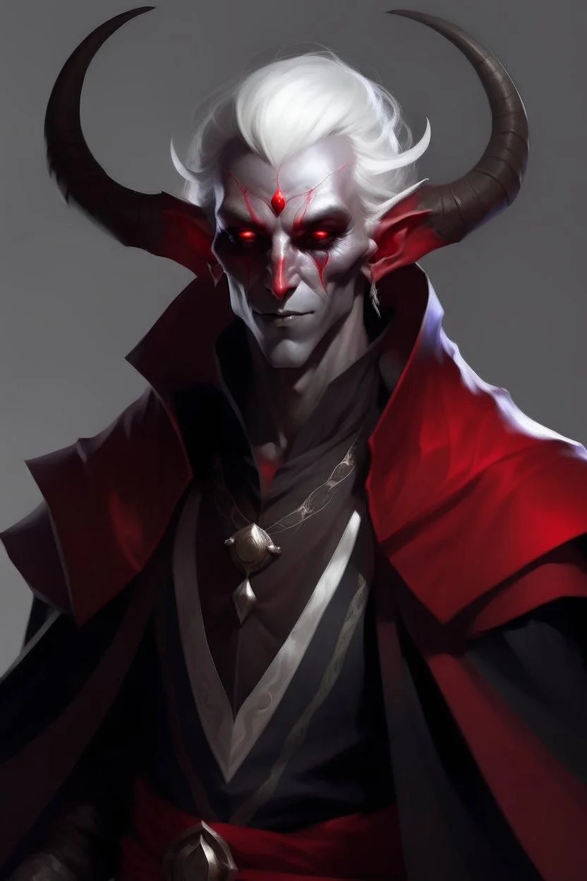 lowborn male dark-red skin demon tiefling white hair dark cloak dnd