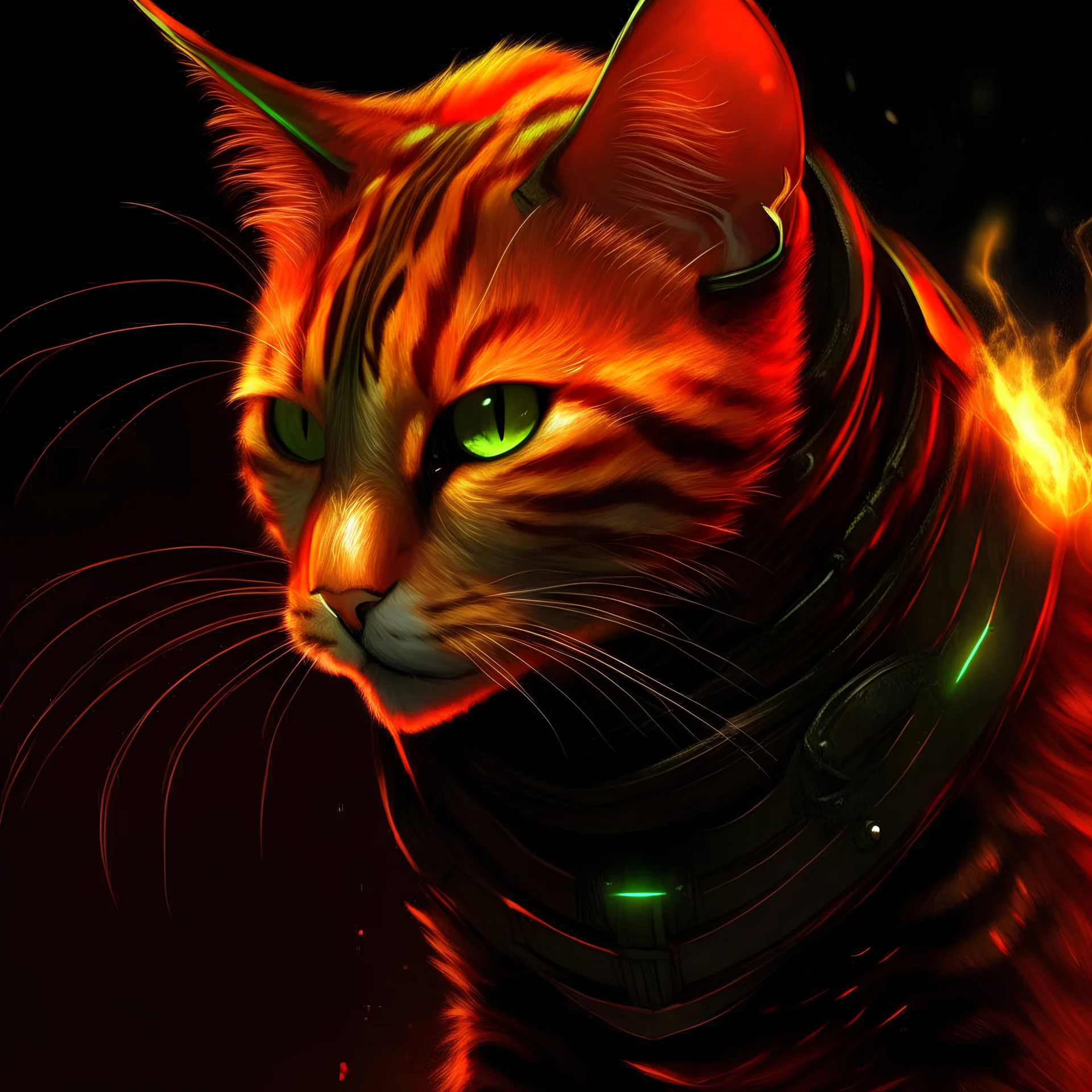 A realistic humanoid cat, sunset orange fur, blood red stripes, Wearing black leather armour, Glowing green eyes, shrouded in shadows, mid air fly kick, sparks and flames surrounding, piercing left ear