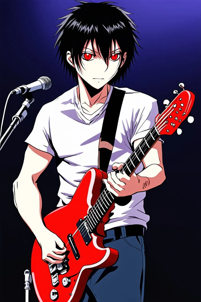 1man, 30 years old, playing electric guitar, at a midnight concert, manly facial features, red creepy alien bug eyes, black hair, athletic build, correct hands, in the style of manga "Rosario+Vampire"