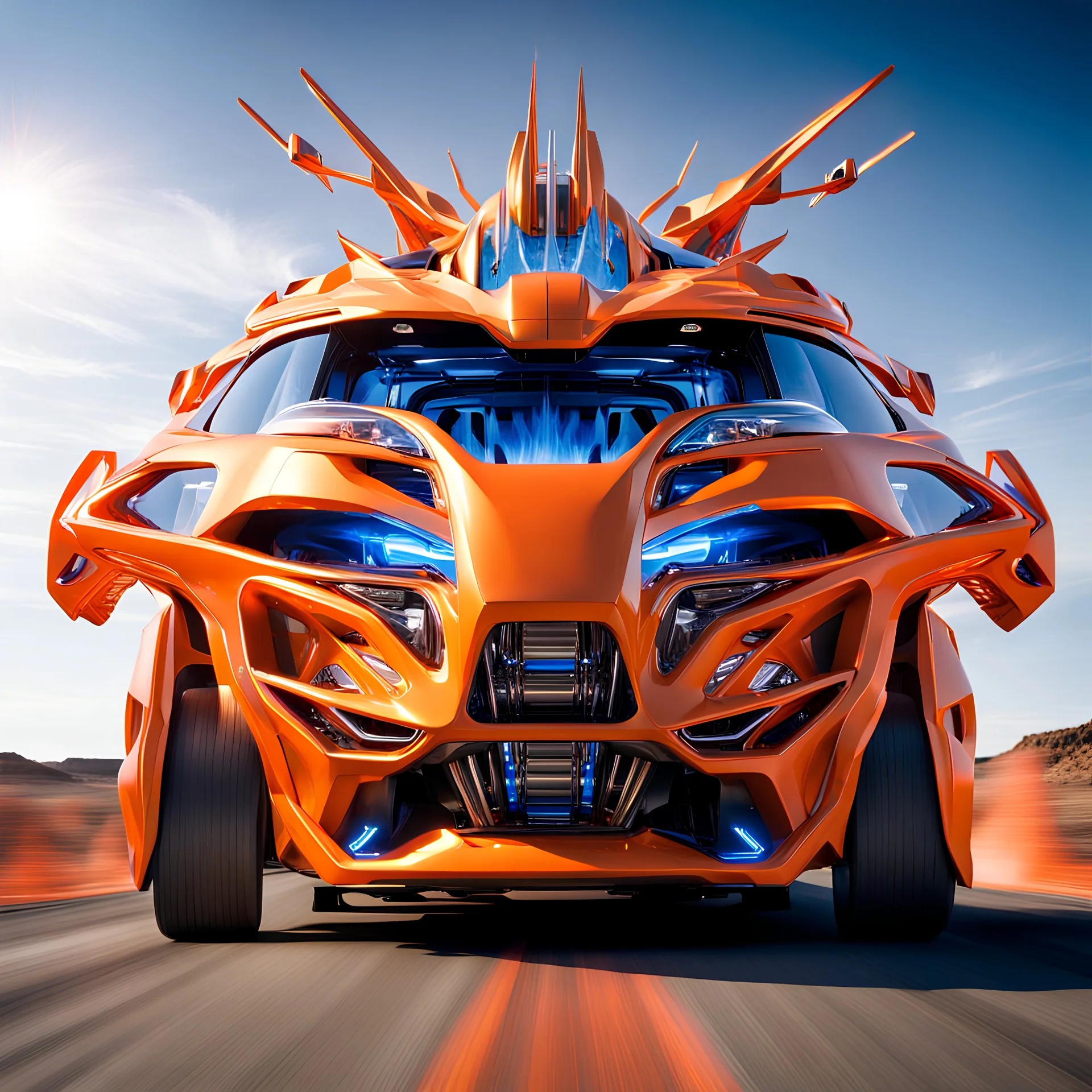 award winning car and driver photograph of a futuristic station wagon mech hybrid designed by only one vehicle per image painted metallic orange traveling at a high rate of speed, jet intake off of front center of vehicle and jet exhaust out the rear with bright blue flame, bilaterally symetrical, more a high speed road vehicle