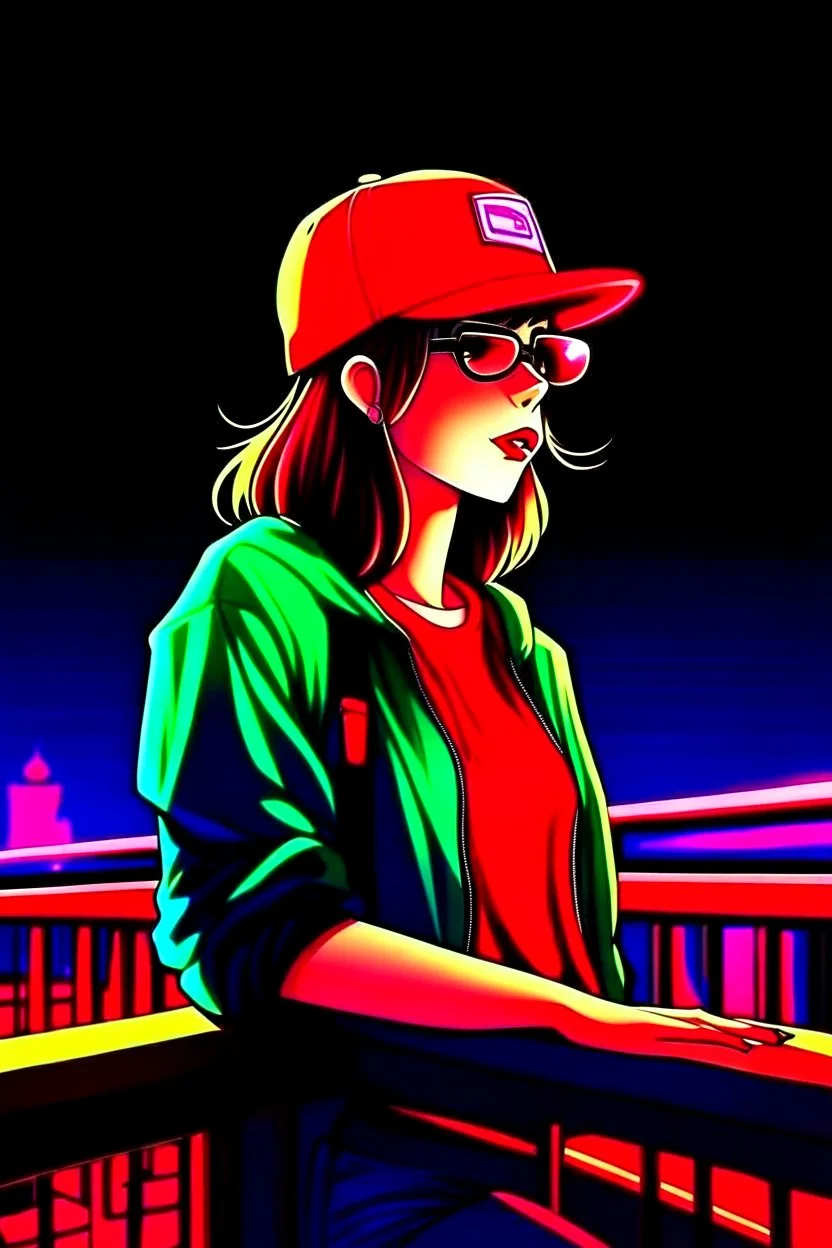 woman with a red baseball hat. leaning on a wooden balcony. night time. fantasy. anime.