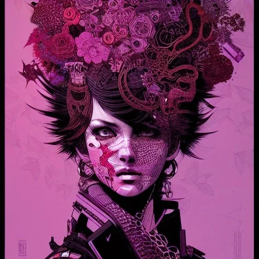 beautiful punk girl, hyper detailed, intricately detailed, illustration by <kilian eng> <Yoji Shinkawa>, purple tones,