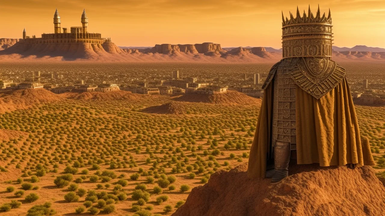 Desert warrior from behind looking at a city on a plato in the distance,
