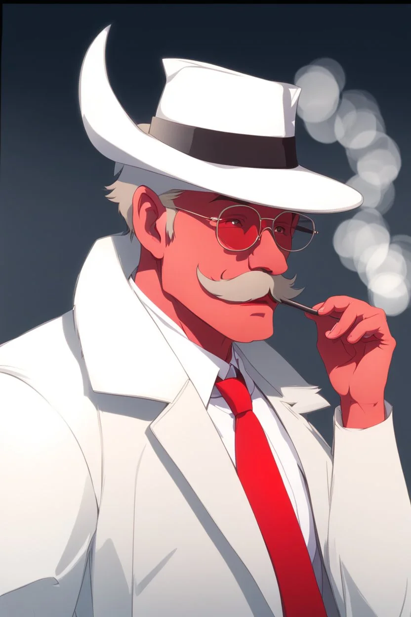 An old male crimson red demon wearing a white and gold police comisioner outfit, he is also wearing glasses, he has a white scruffy mustache, and a small black fedora.