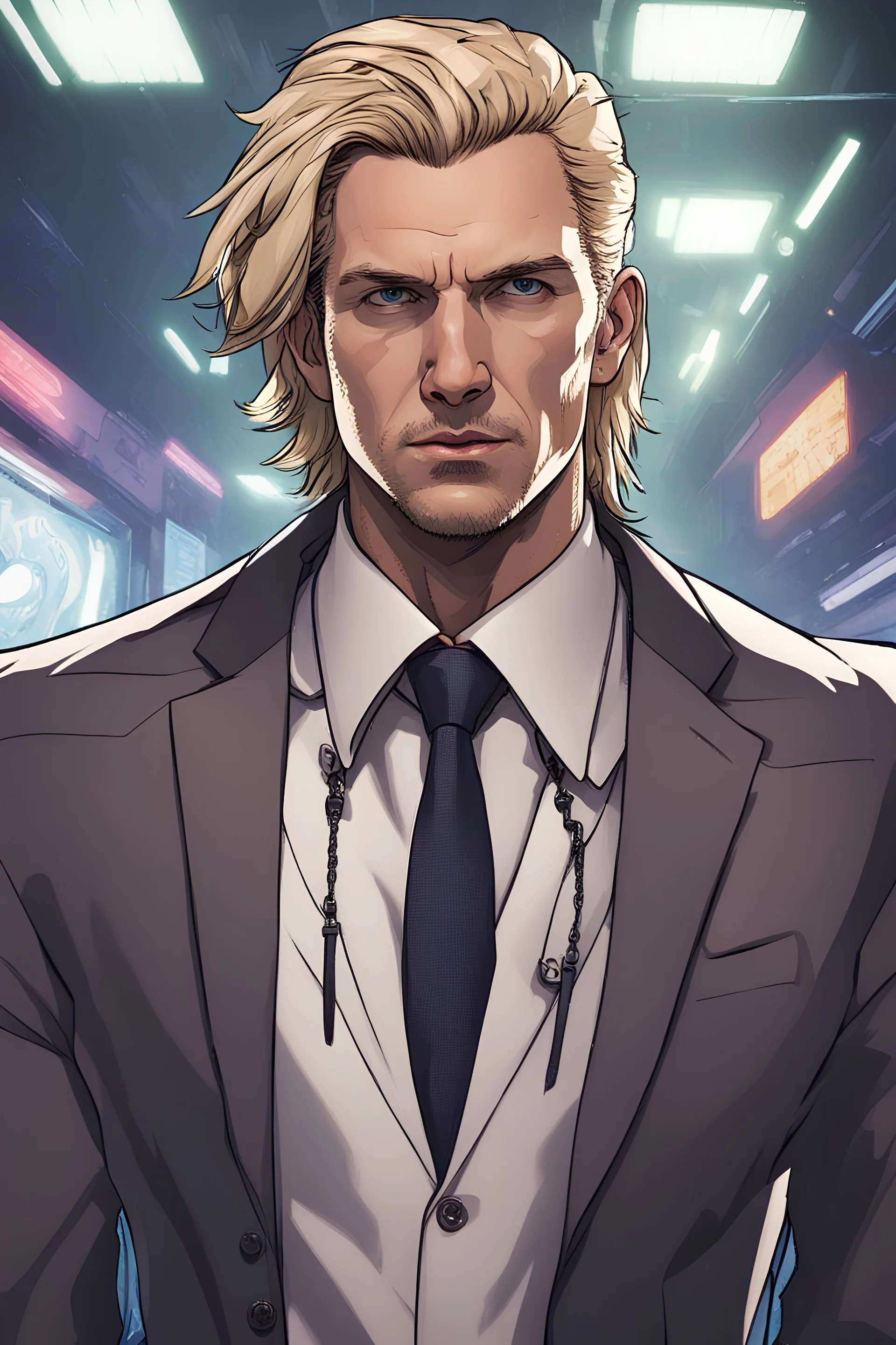 portrait style image of an attractive middle age blonde hair business man in a cyberpunk setting wearing a sharp suit