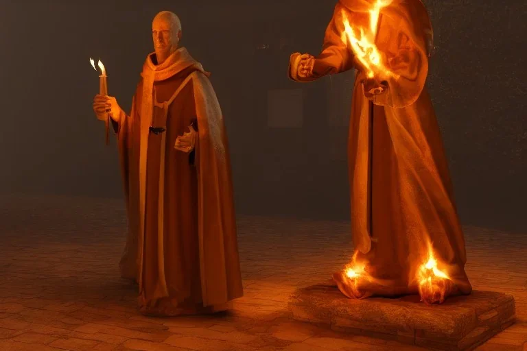 Torch lit statue of priest, atmospheric, realistic, unreal engine, cinematic lighting, octane render.