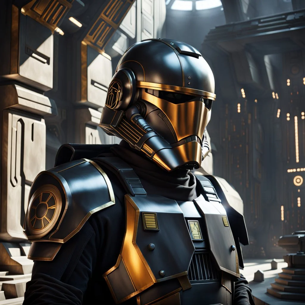 star wars bald male corellian pilot wearing pearlescent black and gunmetal grey First Order special forces heavy assault armor and helmet with gold trim inside the jedi temple, centered portrait, hyperdetailed, dynamic lighting, hyperdetailed background, 8k resolution, volumetric lighting, light skin, fully symmetric details