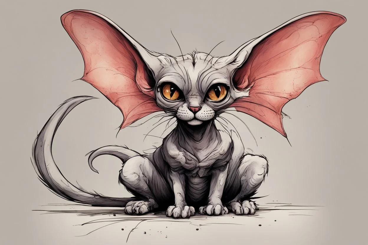 create a wild caricature of a ragged streetwise vampire female Sphinx cat, highly detailed with refined feline features in the cartoon caricature style of Gerald Scarfe and Ralph Steadman precisely drawn, boldly inked, vividly colored, 4k