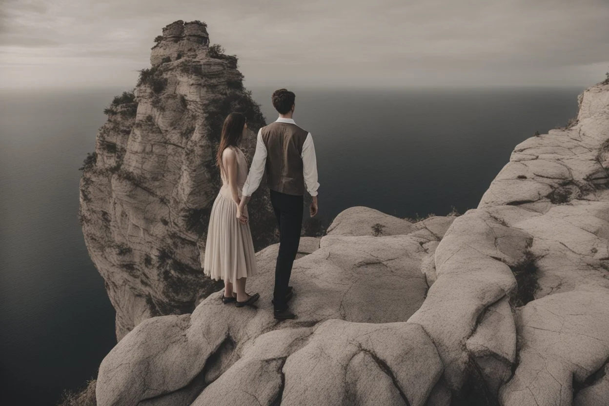 Only one guy and a girl are standing on the edge of a cliff and holding hands