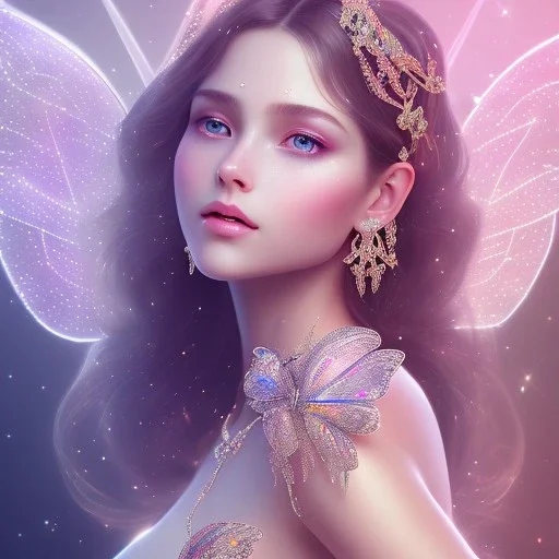 one big crystal subtle in a galactic ambiance with a beautiful girl with butterfly wings, transparent flowers, delicate colors, smile,soft light atmosphere, smooth, extremely sharp detail, finely tuned detail, ultra high definition, 8 k, unreal engine 5, ultra sharp focus