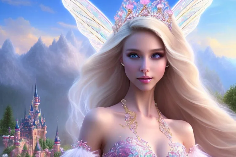 castle in background, beautiful, soft, big smiling, straight and long blonde hair, blues eyes, dewy and shiny atmosphere, diamond crown, long fairy wings in the back, full head, pink veil clothes