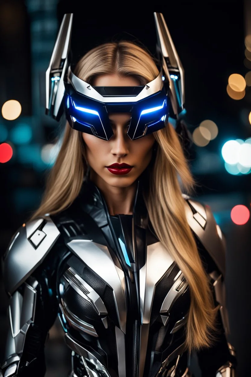 Photo super model pretty woman,fashion style, good body,blonde longer hair, bad mode, high performance robot costume, robotic suit, woman inside, sunglasses, hood, black and chrome shining paint, led lights, good A.I. Interpretation, transformers inspiration, Autobots,high definition photo, intrincate details, HD, darknight background.