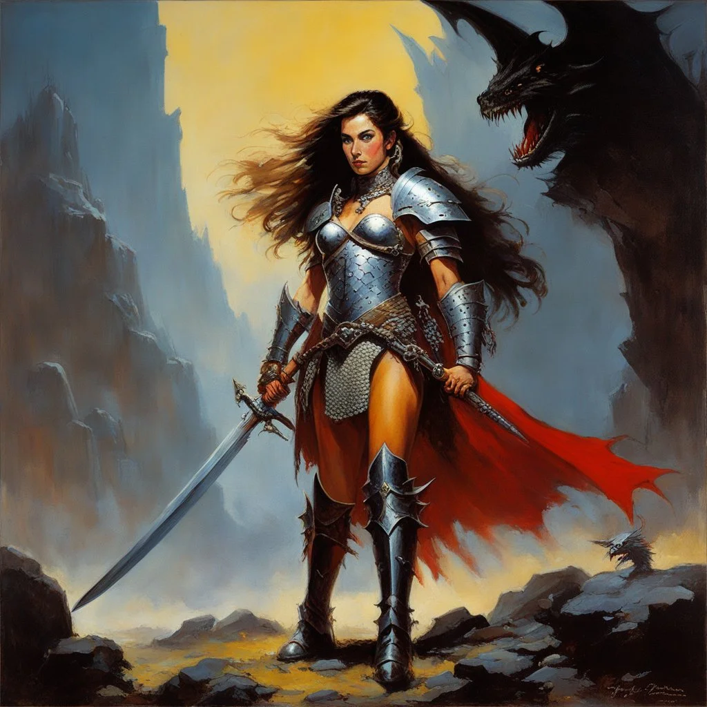 Niji Stan Katayama style Frank Frazetta fantasy oil painting of a fierce female elf warrior wearing chainmail armor, she has long brown hair that cascades over her shoulders, she is standing beside the corpse of her enemy, a small dragon, her bloody sword sticking through its head into the ground, she has one hand on top of the swords pommel. She is extremely tall and muscular, ram horns on top of her head, vicious and fierce with large fangs