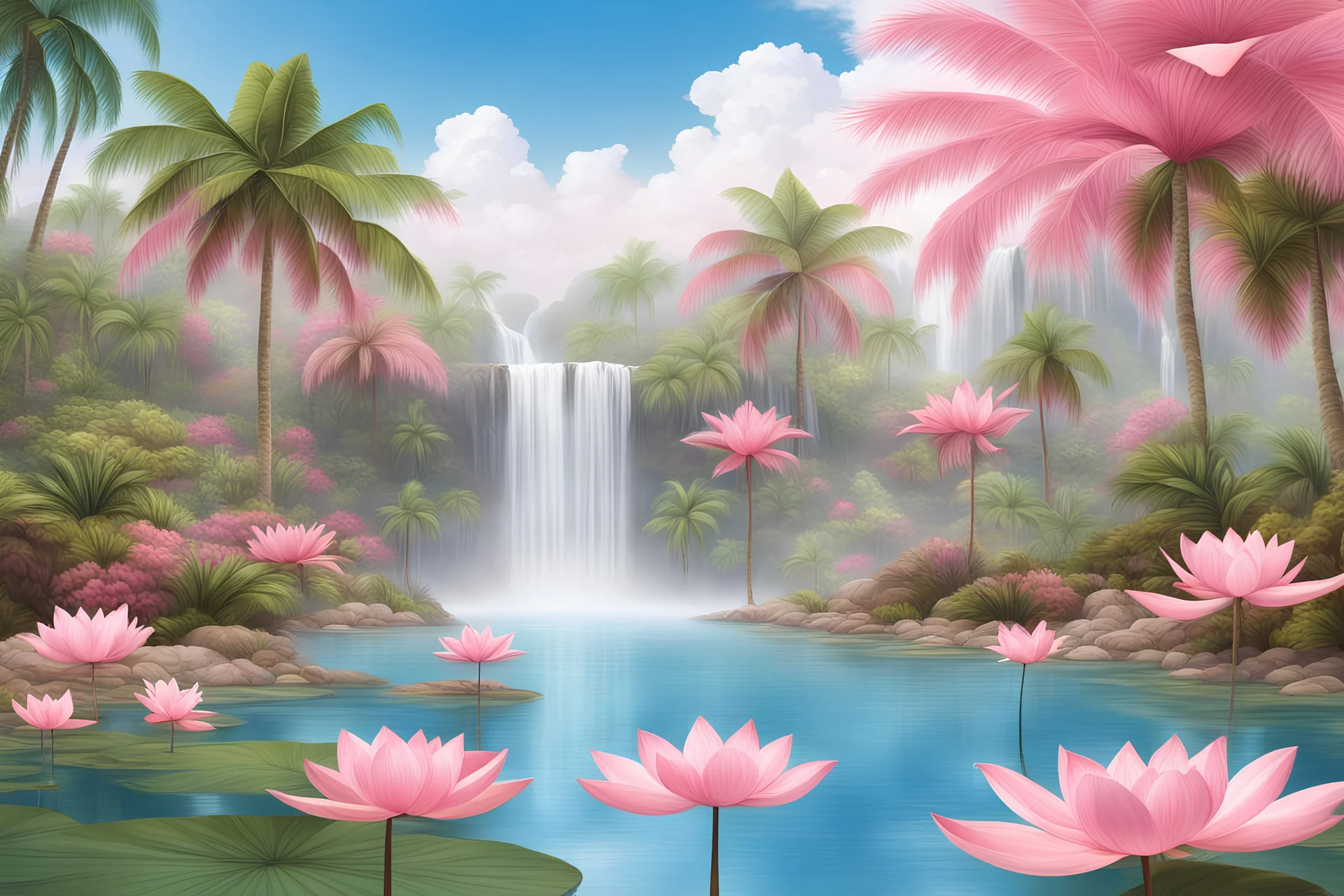 paesaggio tropicale lago con cascata alberi rosa e fiori di loto e palme cielo azzurro