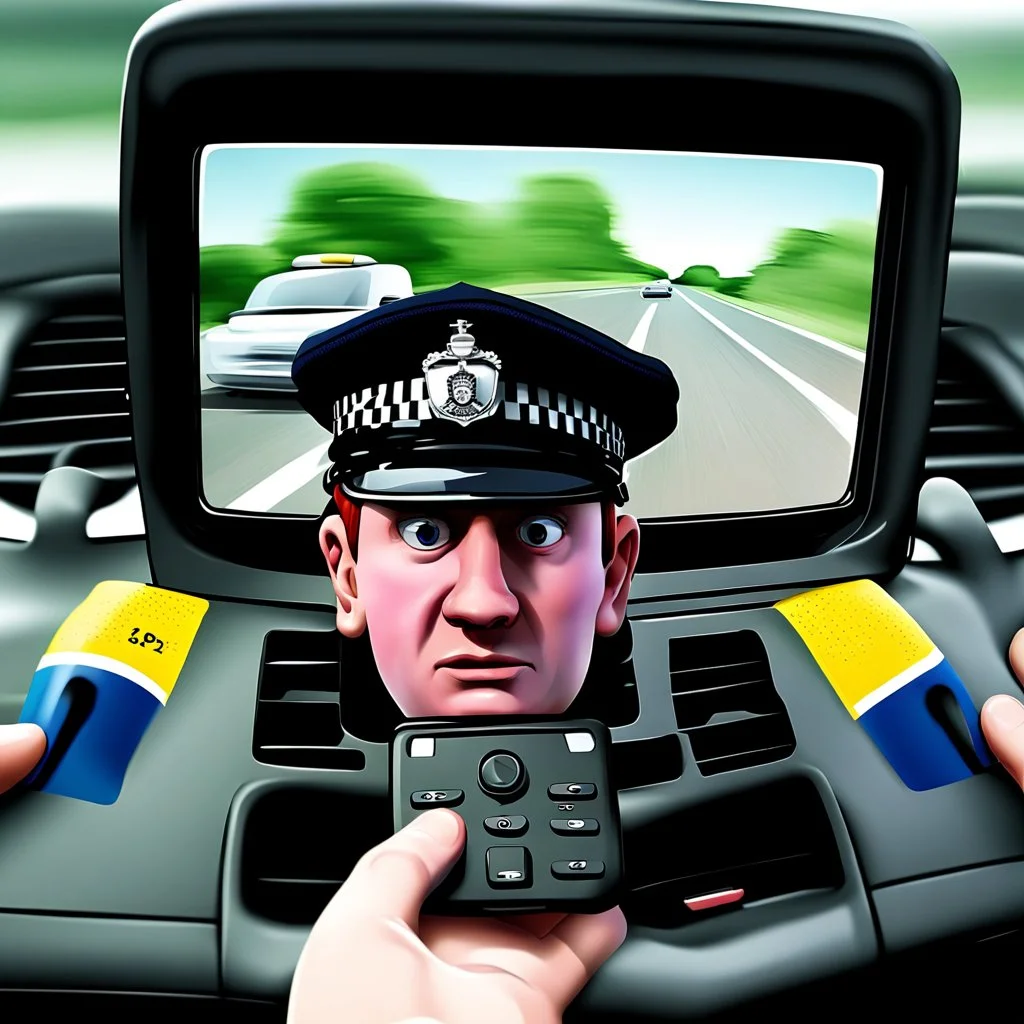 a picture of a British traffic policeman's head emerging from a cell phone monitor attached to the dashboard of a moving car, the head emerges from the monitor and warns the driver behind the wheel that he is speeding