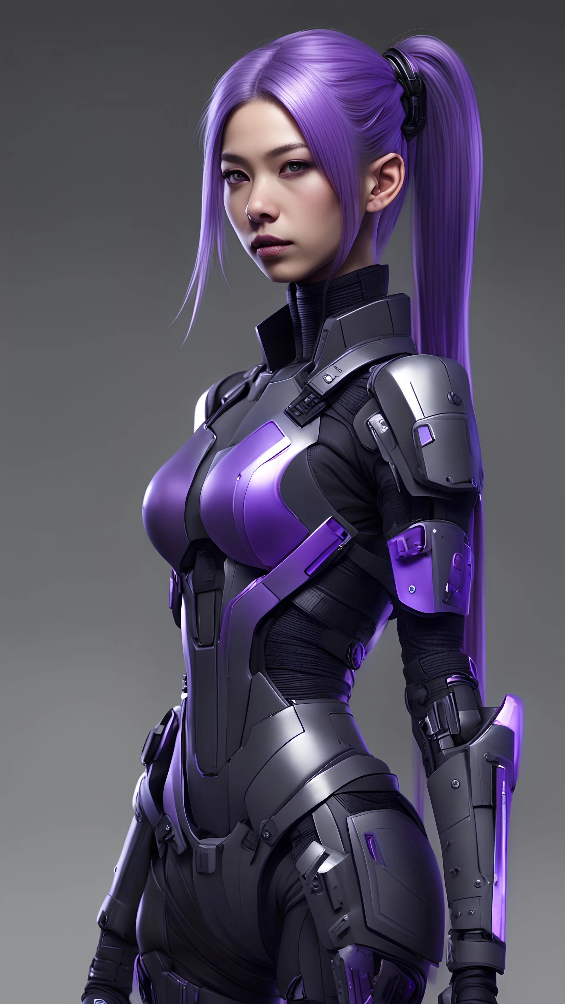 Young tan Scandinavian cyberpunk female with sharp features and extremely long, Tama Sakai like pigtails that start out as black at the scalp and transition into dark purple at the tips, with black, grey, white, and purple coloration futuristic body armor in a realistic style full body view