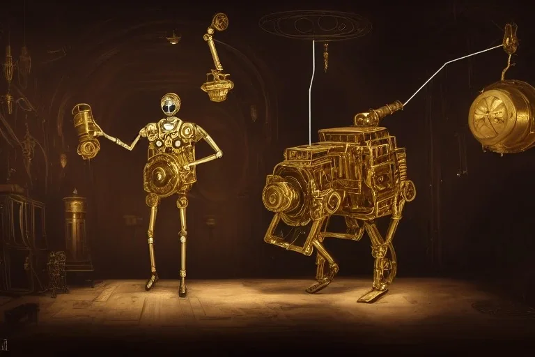 concept art of a giant mechanical clockwork marionette made of brass and gold in a dark moody interior, puppet, ornate, engraved highly detailed, fantasy, render, digital painting, trending on artstation, illustration, in the style of piotr jablonski, artgerm and greg rutkowski, dishonored, arkane lyon