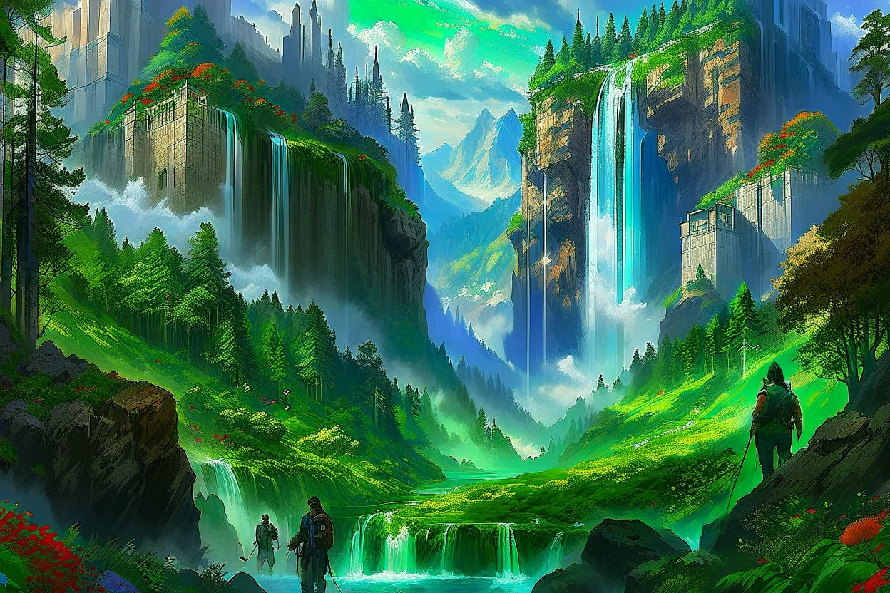 The land of scandinavia, forests, waterfall, travelers on their way, beautiful scenery, 8k, high detail, digital painting, concept art, art by john stephens