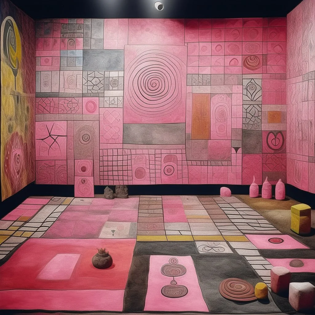 A pink realm with spellbound runestones designed in ancient Greek mosaics painted by Paul Klee