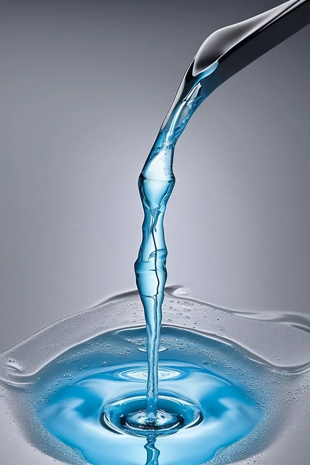 in focus, a jet of water flows into a spoon and splashes everywhere in a sink tray