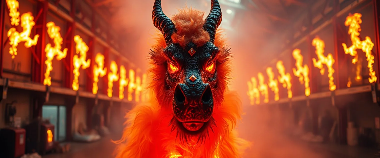 close up portrait of a plasma vampire flickers like hypnotic fire in geometric shapes like a dna swirl of time and a fearsome fluffy dragon horse in A cavernous industrial warehouse becomes a fever-dream carnival of fire and smoke, lit exclusively by erratic strobes and the orange glow of unpredictable blazes. The world is drenched in soot, haze, and manic energy — walls drip with condensation, fire extinguishers become absurd props, and every surface reflects the flicker of flames being born an