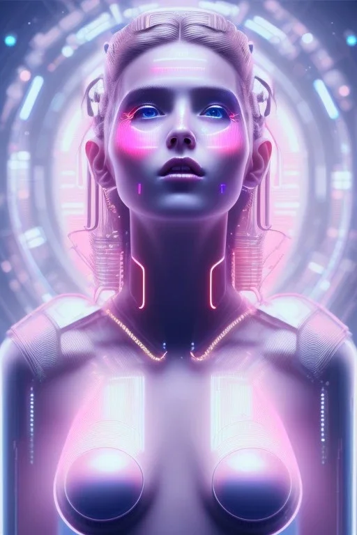 cyberpunk, head, women, portrai, tron sketch of a girl on lined paperA beautiful one nude body of a make up smiling woman blond long hair, alone, high key lighting, volumetric light high details with white stripes and blue eye, smiling with plump pink lips, flowers around, unreal engine petit prince belle fine, profil de trois quart, grand front cosmique, peau bleu cristalline, yeux bleu, perle sur le front long cheveux blond et rose etoilé, cristaux sur le corps, collier de grande princesse, l