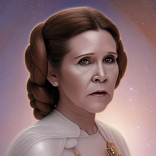 hyperspace background, complete and photo realistic detailed head to waist stunning photo realistic portrait of carrie fisher as Princess Leia in star wars with photo realistic updo hair by Mandy Jurgens and mucha and Richard Schmid and chuck close and chie yoshii, extraordinary and detailed ceremony dress of star wars,brown eyes