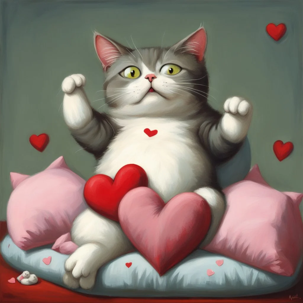 tubby frowny cat lying on its back with paws up on a stack of heart shaped pillows, pouty arrogant expression, whimsical, adorable, dramatic, Valentines day aesthetic, by Michael Sowa and Gary Baseman, modern cartoon art