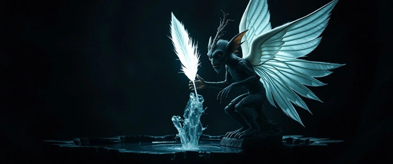 white feather light mirror bounce ancient angelic gremlin wooden treant Robot by dark fountain