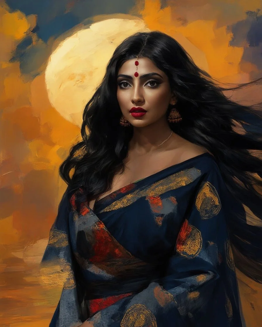A painting in a highly stylized, cinematic art style depicts a beautiful woman with long, flowing dark hair and dark eyes, adorned with a red bindi on her forehead and red lipstick. She is wearing an elaborate robe composed of dark blue, blue, gray, and gold fabric with a pattern of gold circles and abstract shapes, including some red and orange elements. The woman is positioned with her right shoulder partially exposed, revealing a glimpse of her dark skin. Her dark hair cascades dramatically a